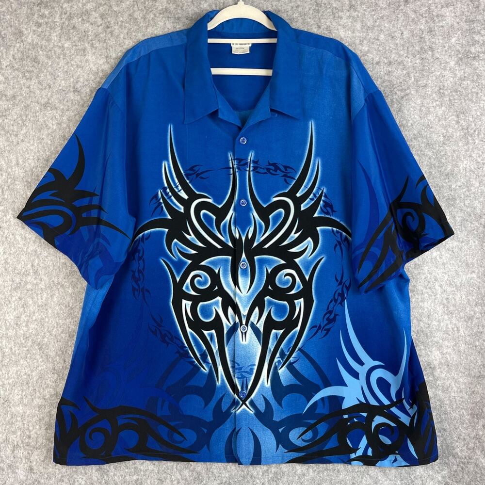 VTG No Boundaries Shirt Mens XXL Blue Button Up Loop Collar Tattoo Tribal Y2K